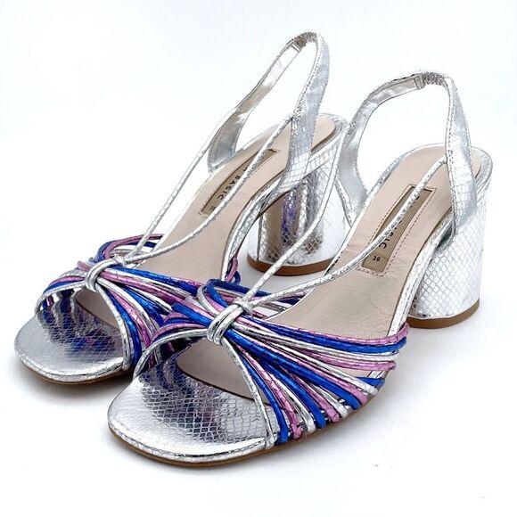 Zara Silver Metallic Block Heel Strappy Sandal Colorful Disco Shoes Size 38 7.5 - Picture 12 of 16